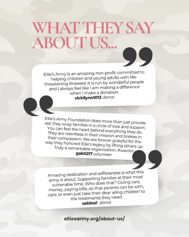 Together, we are making an extraordinary difference. Thank you for being part of this mission to bring hope and healing to those who need it most. 

Visit https://greatnonprofits.org/org/ellies-army-foundation to leave us a review 😉 

#GreatNonprofits #HopeAndHealing #ThankYou #MakeADifference